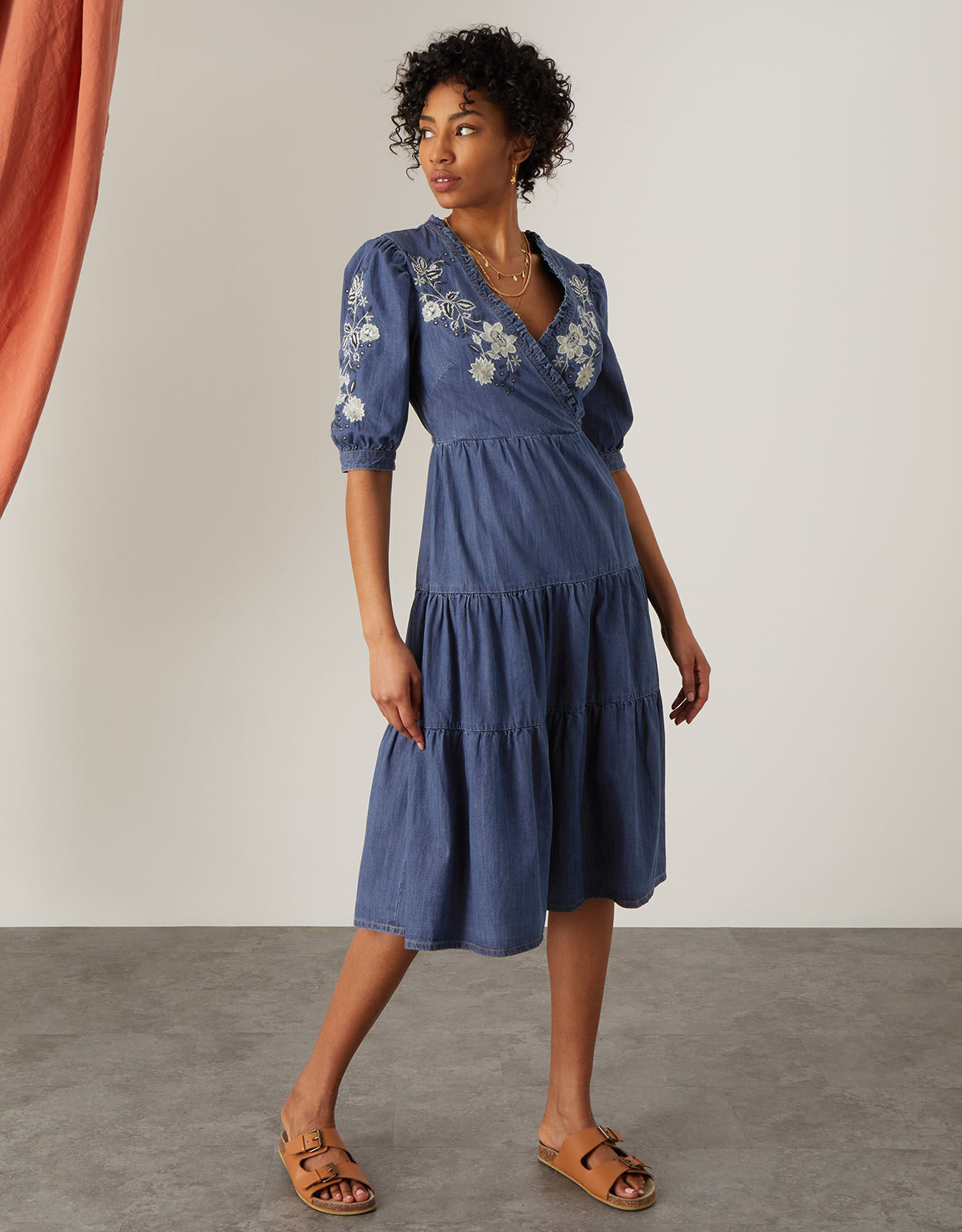 Dianna Denim Embroidered Wrap Dolly Dress Blue | Casual \u0026 Day Dresses |  Monsoon Global.